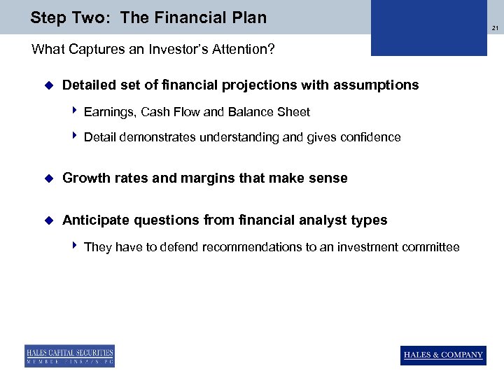 Step Two: The Financial Plan What Captures an Investor’s Attention? u Detailed set of