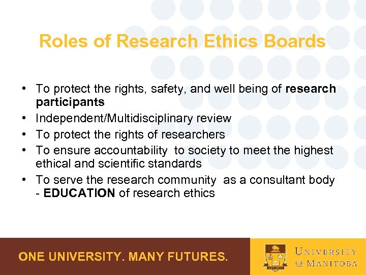 Roles of Research Ethics Boards • To protect the rights, safety, and well being