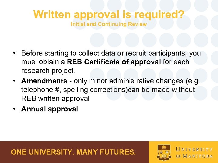 Written approval is required? Initial and Continuing Review • Before starting to collect data