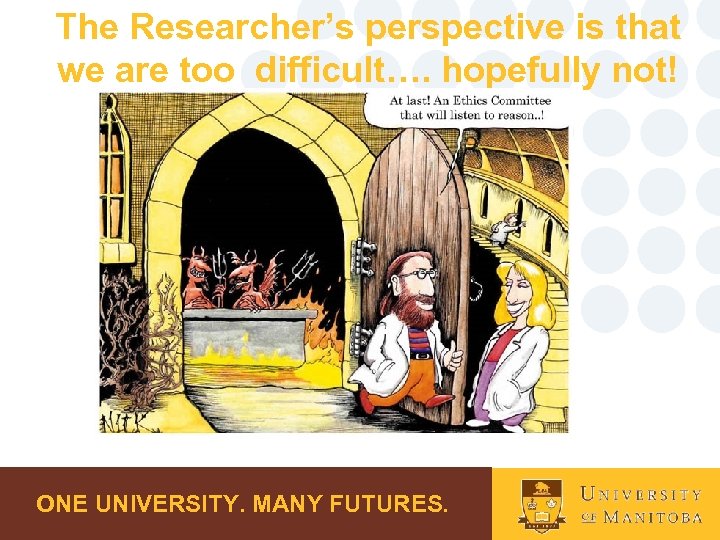 The Researcher’s perspective is that we are too difficult…. hopefully not! ONE UNIVERSITY. MANY