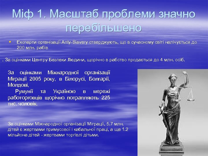 Міф 1. Масштаб проблеми значно перебільшено § Експерти організації Anty-Slavery стверджують, що в сучасному