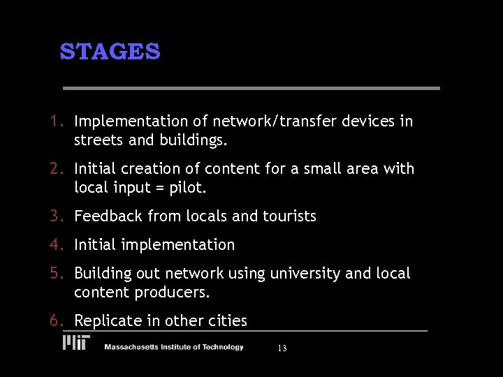 STAGES 1. Implementation of network/transfer devices in streets and buildings. 2. Initial creation of