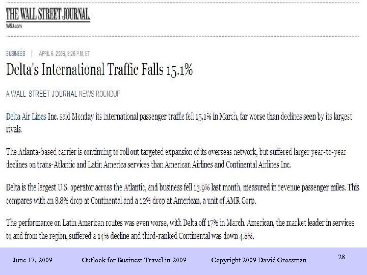 June 17, 2009 Outlook for Business Travel in 2009 Copyright 2009 David Grossman 28