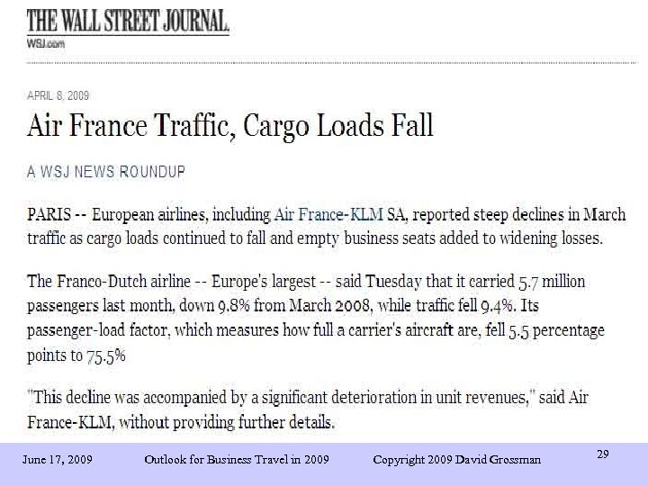 June 17, 2009 Outlook for Business Travel in 2009 Copyright 2009 David Grossman 29