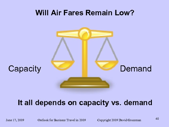 Will Air Fares Remain Low? Capacity Demand It all depends on capacity vs. demand