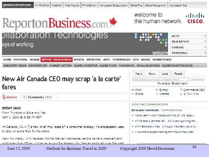 June 17, 2009 Outlook for Business Travel in 2009 Copyright 2009 David Grossman 43
