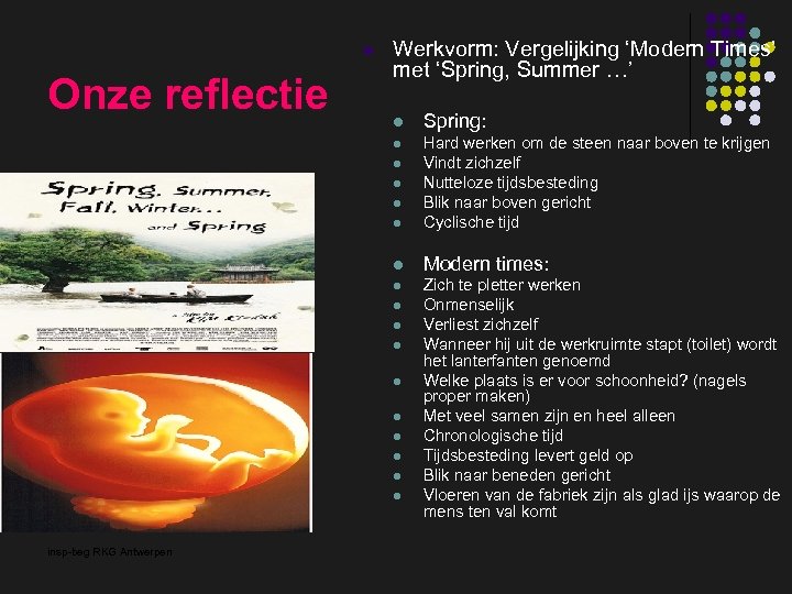 l Onze reflectie Werkvorm: Vergelijking ‘Modern Times’ met ‘Spring, Summer …’ l Spring: l