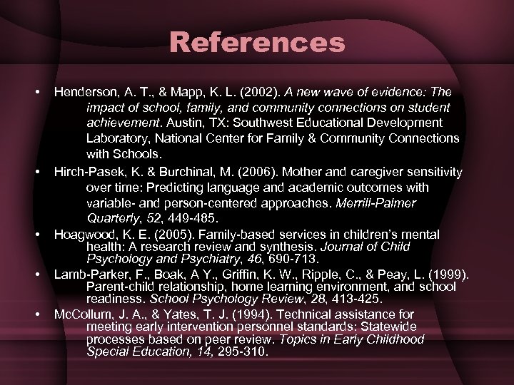 References • • • Henderson, A. T. , & Mapp, K. L. (2002). A