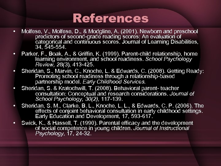 References • • • Molfese, V. , Molfese, D. , & Modgline, A. (2001).