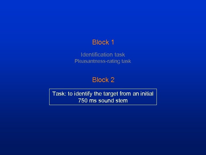 Block 1 Identification task Pleasantness-rating task Block 2 Task: to identify the target from