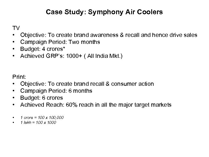 Case Study: Symphony Air Coolers TV • Objective: To create brand awareness & recall