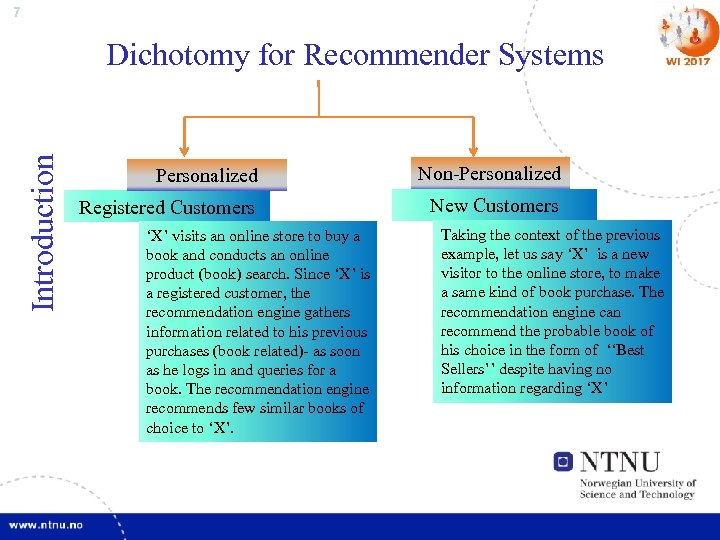 7 Introduction Dichotomy for Recommender Systems Personalized Non-Personalized Registered Customers New Customers ‘X’ visits