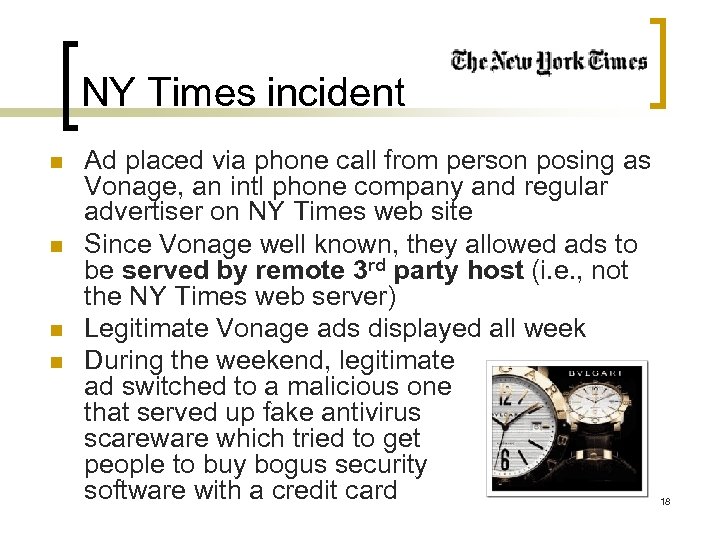 NY Times incident n n Ad placed via phone call from person posing as
