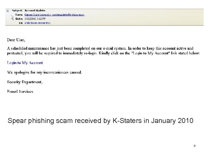 Spear phishing scam received by K-Staters in January 2010 6 
