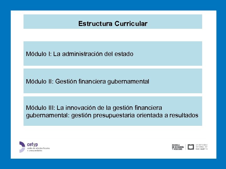 Estructura Curricular Módulo I: La administración del estado Módulo II: Gestión financiera gubernamental Módulo