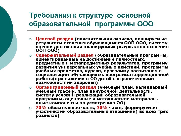Требования к структуре основной образовательной программы ООО ¡ ¡ Целевой раздел (пояснительная записка, планируемые