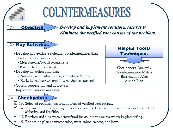 4 Objective Develop and implement countermeasures to eliminate the verified root causes of the