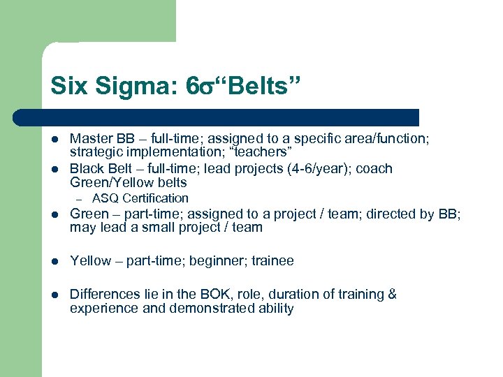 Six Sigma: 6 “Belts” l l Master BB – full-time; assigned to a specific