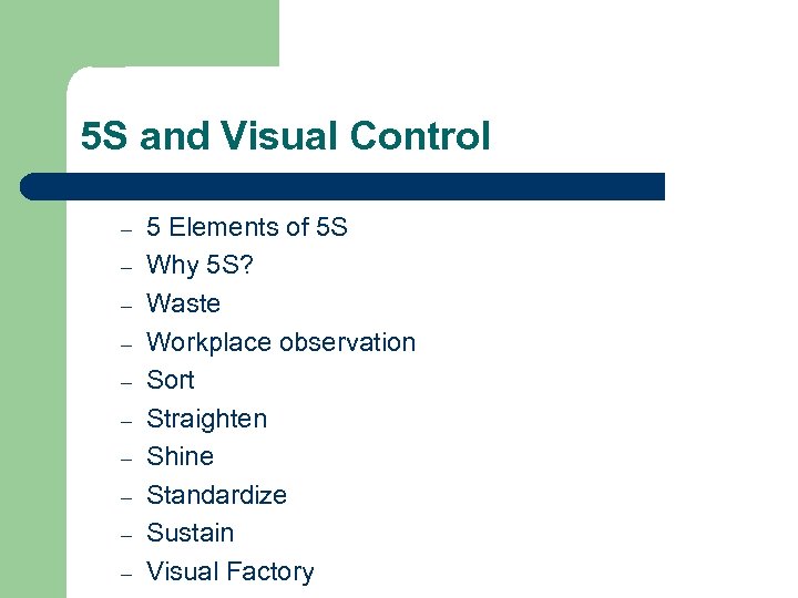 5 S and Visual Control – – – – – 5 Elements of 5