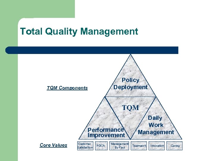 Total Quality Management Policy Deployment TQM Components TQM Performance Improvement Core Values Customer Satisfaction