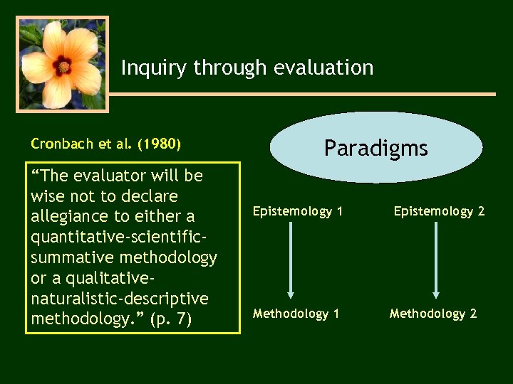 Inquiry through evaluation Cronbach et al. (1980) “The evaluator will be wise not to