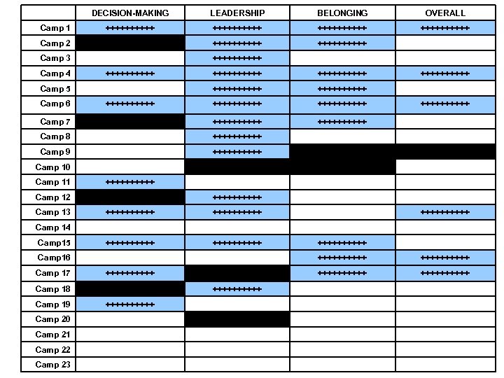 DECISION-MAKING LEADERSHIP BELONGING OVERALL Camp 1 ++++++++++ Camp 2 XXXXX ++++++++++ Camp 3 Camp