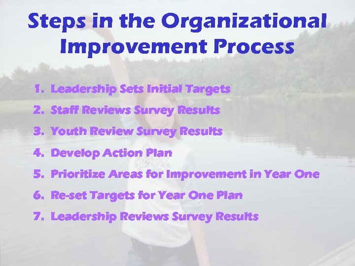 Steps in the Organizational Improvement Process 1. Leadership Sets Initial Targets 2. Staff Reviews