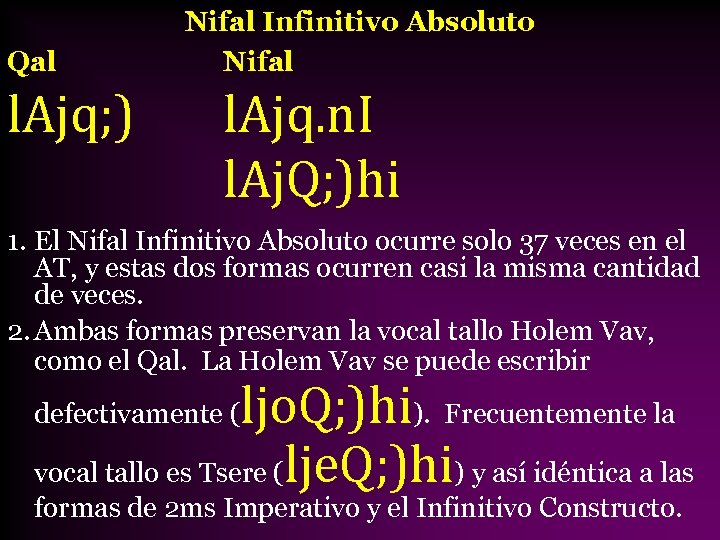 Qal l. Ajq; ) Nifal Infinitivo Absoluto Nifal l. Ajq. n. I l. Aj.