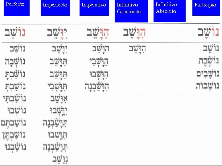 Perfecto Imperativo Infinitivo Constructo Infinitivo Absoluto Participio 