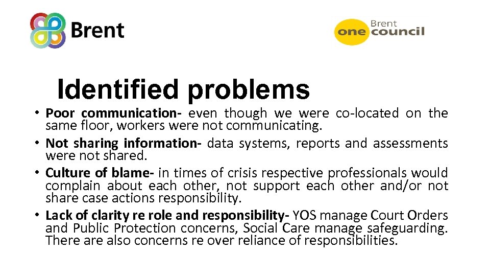 Identified problems • Poor communication- even though we were co-located on the same floor,