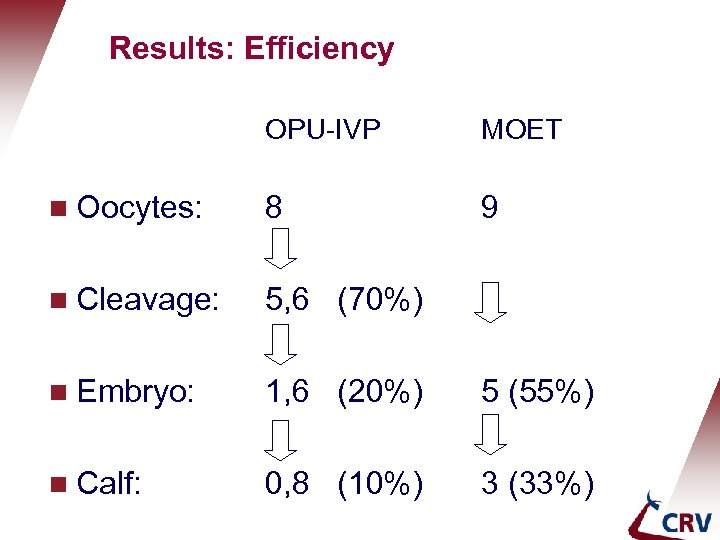 Results: Efficiency OPU-IVP MOET 9 g Oocytes: 8 g Cleavage: 5, 6 (70%) g