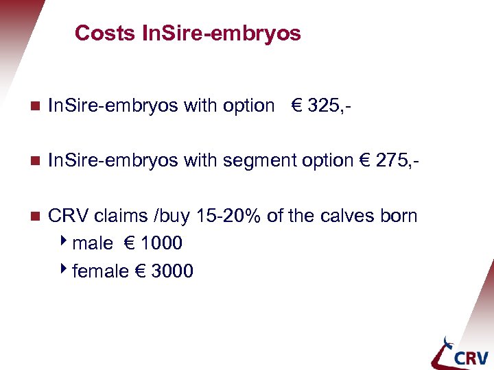 Costs In. Sire-embryos g In. Sire-embryos with option € 325, - g In. Sire-embryos