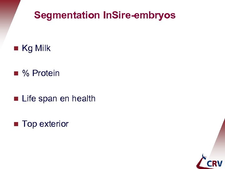 Segmentation In. Sire-embryos g Kg Milk g % Protein g Life span en health