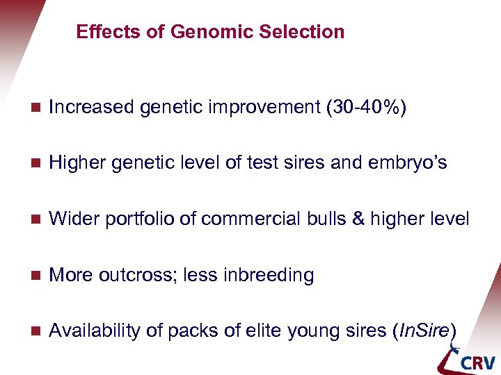 Effects of Genomic Selection g Increased genetic improvement (30 -40%) g Higher genetic level