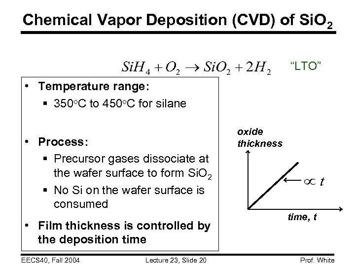 Chemical Vapor Deposition (CVD) of Si. O 2 “LTO” • Temperature range: § 350