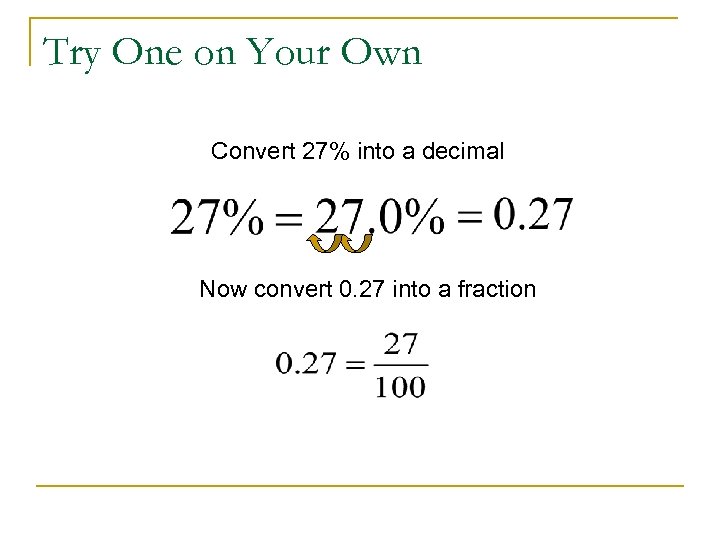 Try One on Your Own Convert 27% into a decimal Now convert 0. 27