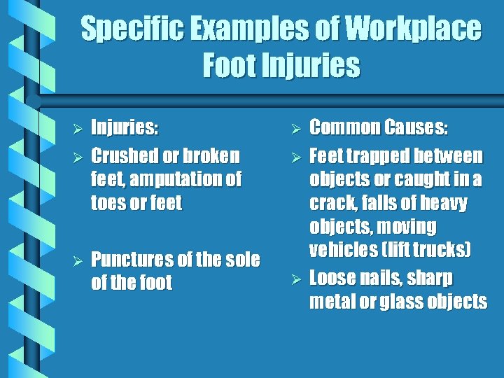 Specific Examples of Workplace Foot Injuries Ø Ø Ø Injuries: Crushed or broken feet,