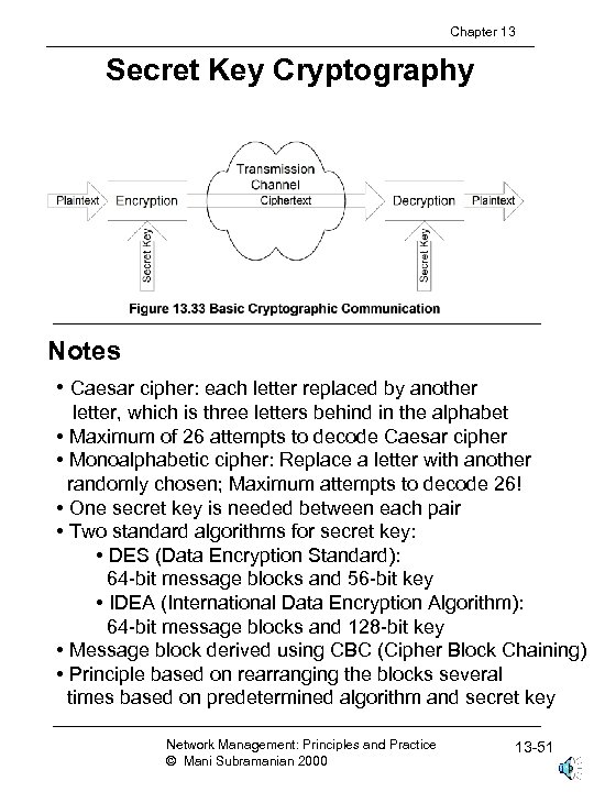 Chapter 13 Secret Key Cryptography Notes • Caesar cipher: each letter replaced by another