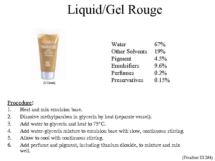 Liquid/Gel Rouge (L’Oreal) Procedure: 1. 2. 3. 4. 5. 6. Water (softened or distilled)