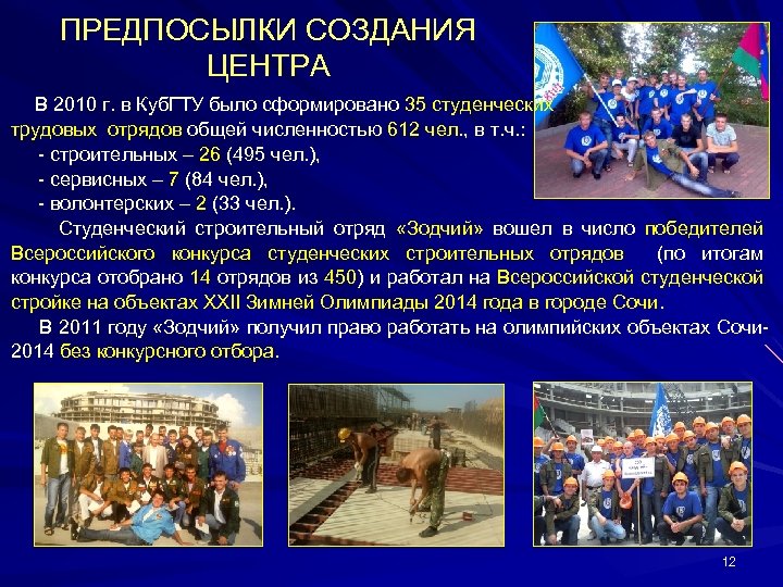 ПРЕДПОСЫЛКИ СОЗДАНИЯ ЦЕНТРА В 2010 г. в Куб. ГТУ было сформировано 35 студенческих трудовых
