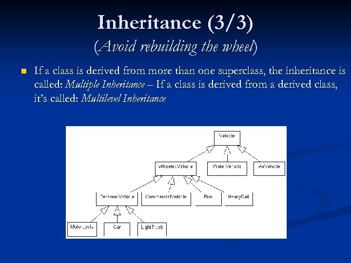 Inheritance (3/3) (Avoid rebuilding the wheel) n If a class is derived from more