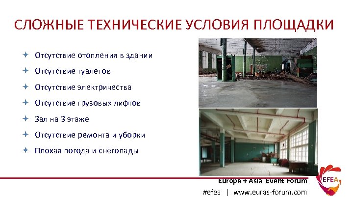  СЛОЖНЫЕ ТЕХНИЧЕСКИЕ УСЛОВИЯ ПЛОЩАДКИ Отсутствие отопления в здании Отсутствие туалетов Отсутствие электричества Отсутствие