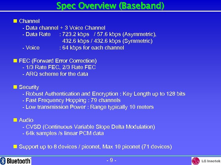 Spec Overview (Baseband) n Channel - Data channel + 3 Voice Channel - Data
