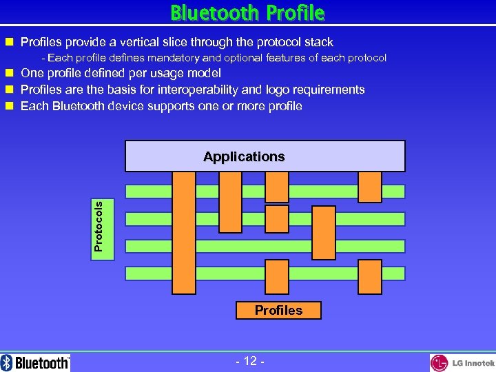 Bluetooth Profile n Profiles provide a vertical slice through the protocol stack - Each