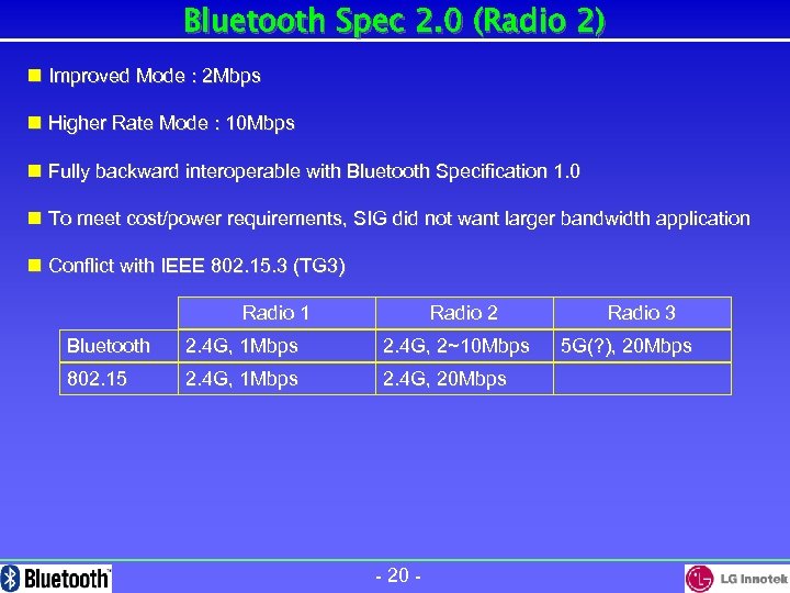 Bluetooth Spec 2. 0 (Radio 2) n Improved Mode : 2 Mbps n Higher