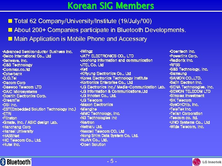 Korean SIG Members n Total 62 Company/University/Institute (19/July/'00) n About 200+ Companies participate in