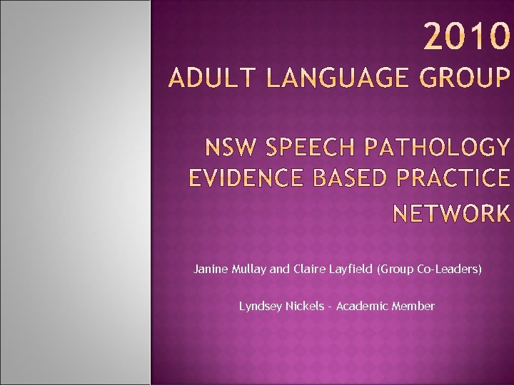 Janine Mullay and Claire Layfield (Group Co-Leaders) Lyndsey Nickels - Academic Member 