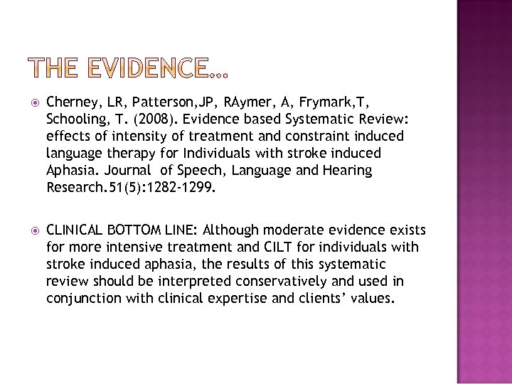  Cherney, LR, Patterson, JP, RAymer, A, Frymark, T, Schooling, T. (2008). Evidence based