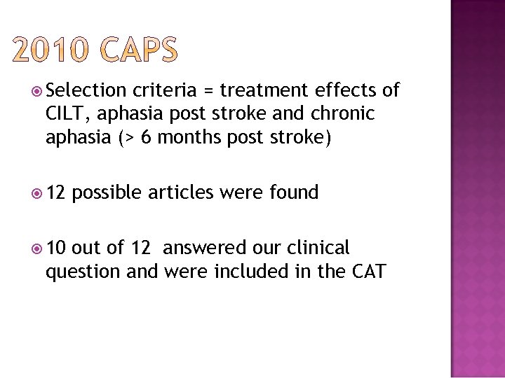  Selection criteria = treatment effects of CILT, aphasia post stroke and chronic aphasia