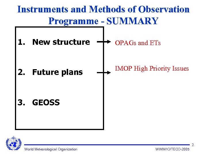 Instruments and Methods of Observation Programme - SUMMARY 1. New structure OPAGs and ETs